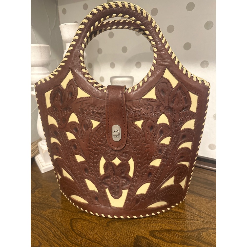 Vintage Hand Tooled Leather Handbag Brown Cream Whipstitch Western Boho Tote